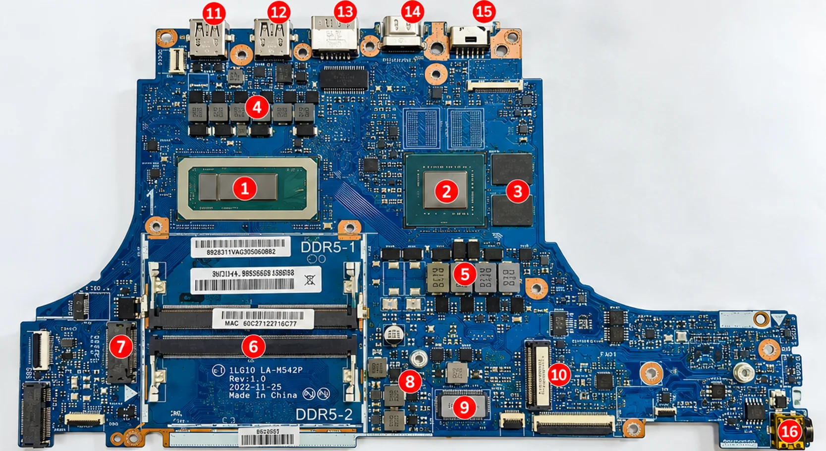Placa Mãe Lenovo Loq 15irh8 — motherboard com a identificação de 16 componentes e conexões: CPU, GPU, VRAM, VRM de alimentação, memória RAM DDR5, conector M.2 para SSD, circuitos DC-DC, BIOS/UEFI, EC/Super I/O, portas USB-A, HDMI, USB-C, entrada DC e conector de áudio P2